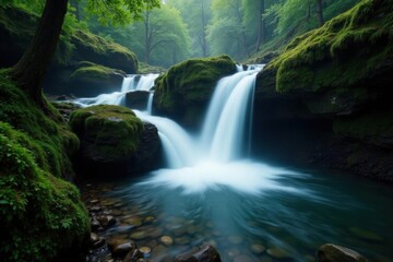 Obraz premium Tranquil waterfall cascading over mossy rocks, misty ambiance , water, green, healing