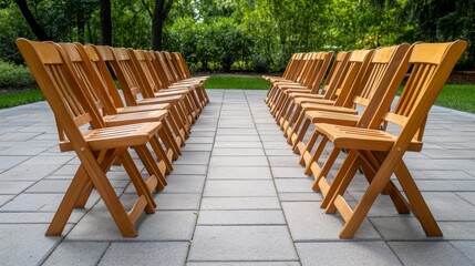 Obraz premium Rows of Wooden Chairs Set for an Outdoor Gathering in a Park