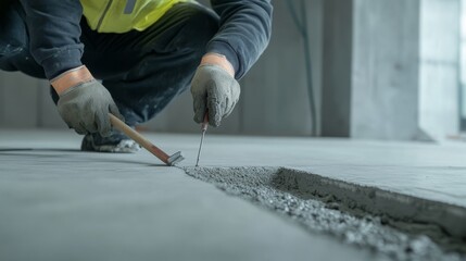Engineer evaluating structural integrity of a concrete slab. Featuring quality control and assessment