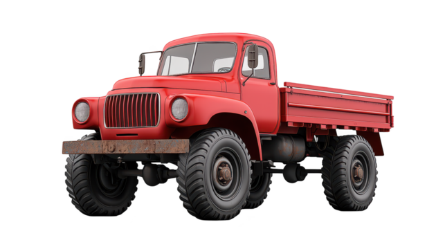 Red truck conquers rugged terrain with massive tires, an offroad adventure red