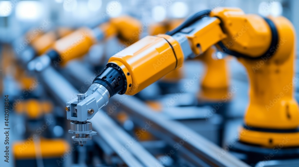 Poster close up of yellow robotic arms on an assembly line in a factory setting. the focus is sharp on the 