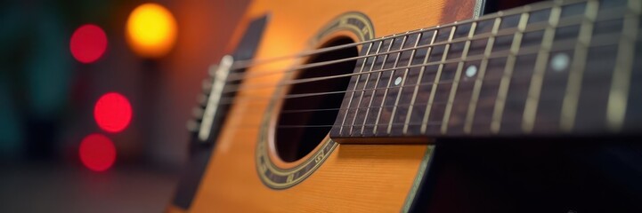 Obraz premium Close-up acoustic guitar, musical notes bokeh, abstract, detail