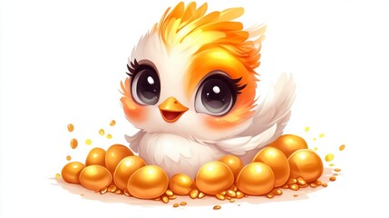 Fototapeta premium Adorable cartoon chick surrounded by golden eggs, bright and cheerful illustration.