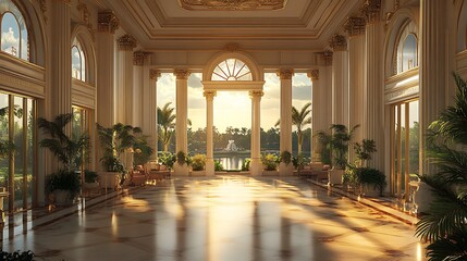 Fototapeta premium Luxurious Golden Hallway With Park View Interior Photo And Marble Floor