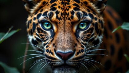 Obraz premium Majestic close-up of a wild leopard showcasing its striking fur pattern and intense gaze in a lush green rainforest setting