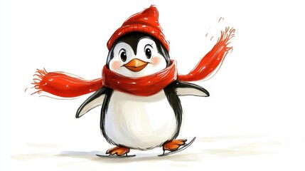 Fototapeta premium Adorable penguin wearing a red hat and scarf ice skating on white background