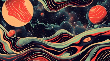 Surreal lunar landscape with undulating red hills and a starry sky. Digital fantasy artwork of surreal artwork of geometric shape and sphere floating in the sky with ocean wave or wavy pattern. AIG51.