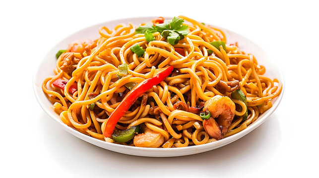Authentic Asian cuisine concept with bami goreng noodles on isolated white background for culinary designs