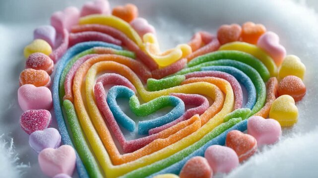 Heart-shaped candies coated in rainbow-colored sugar