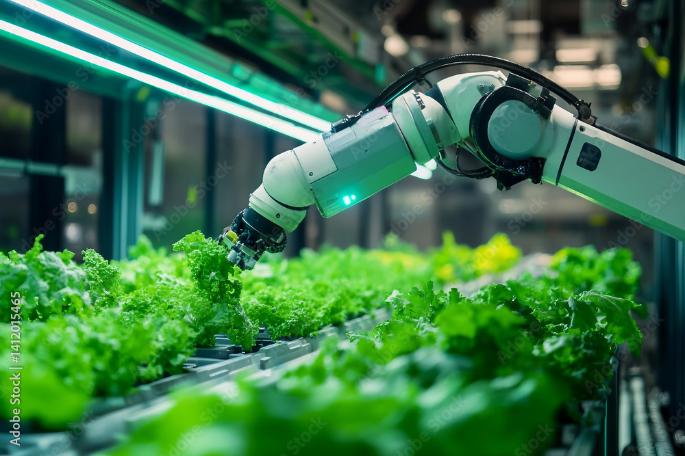 Poster agricultural robot harvesting in a field generative ai