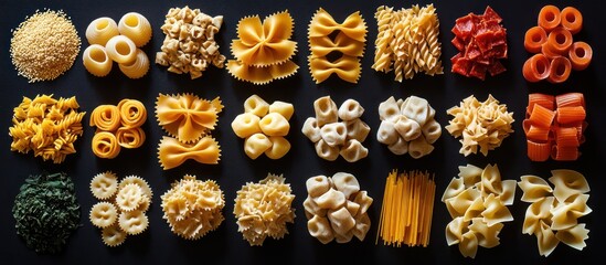 Assorted pasta shapes on black background; food photography; recipe inspiration