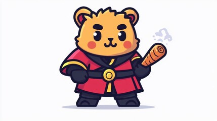 Pixel art illustration of a cute cartoon bear in a red robe, holding a cigar. White background.