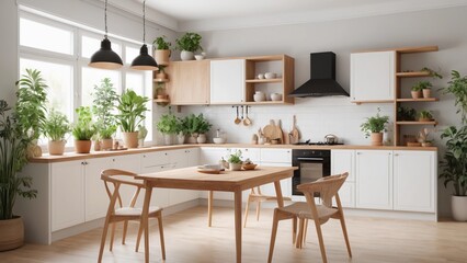 Minimalist Scandinavian kitchen with natural wooden furniture, warm lighting, and decorative houseplants, creating a cozy and natural atmosphere.