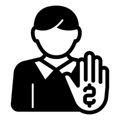Manager man with stop hand solid icon, world sanctions concept. Vector graphics. Person and money palm, stop sign on white background, glyph style mobile or design.