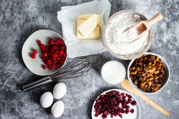 Easter cake ingredients on concrete background