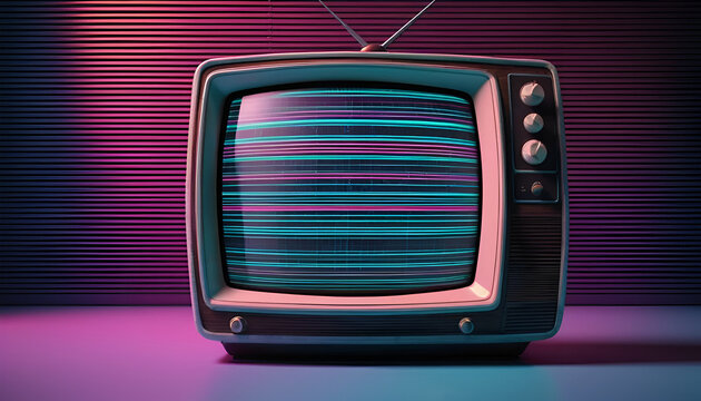 Retro TV with static display.  A vintage television set, showcasing a screen with colorful static, in a dimly lit room with vibrant neon lighting, evokes a nostalgic, 80s aesthetic