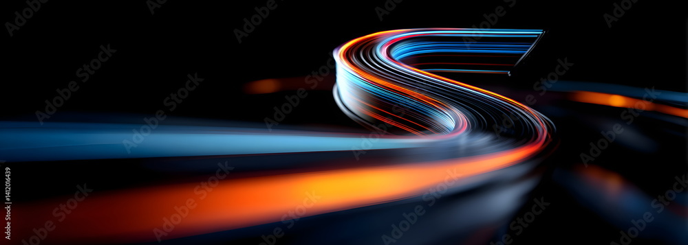 Poster abstract multicolored light trails swirling on a dark background. speed motion concept illuminated f