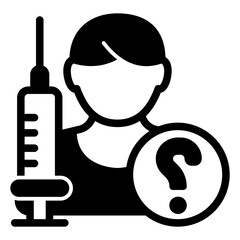 Patient man with question and syringe solid icon, clinical research concept. Vector graphics. Human medicine test sign on white background, glyph style mobile or design.