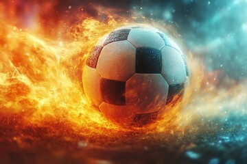 A dynamic soccer ball engulfed in flames and surrounded by cool mist for a stunning visual effect