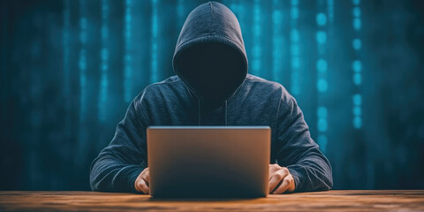 Person In Dark Hoodie Using Laptop With Binary Code Background