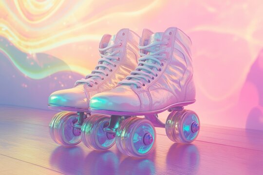 Pair of iridescent roller skates on a pastel background, ready for a fun ride.