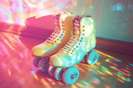 Pair of iridescent roller skates, retro style, positioned on a wooden floor with colorful light reflections.
