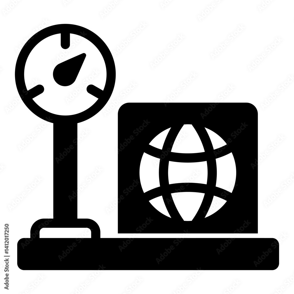 Poster weight scales with counter and box solid icon, delivery concept. vector graphics. box on scales sign