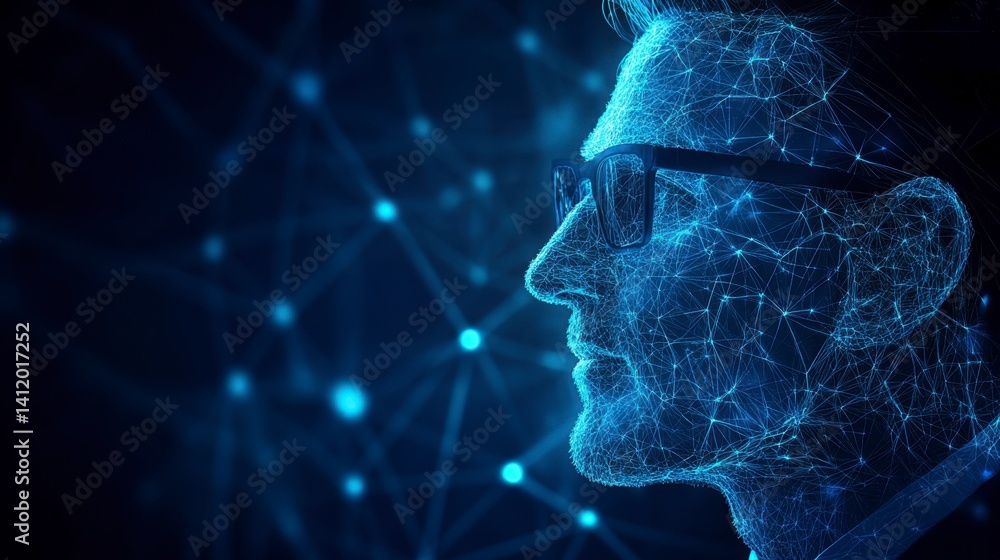 Poster abstract portrait of a man, composed of glowing blue particles and lines, set against a dark backgro