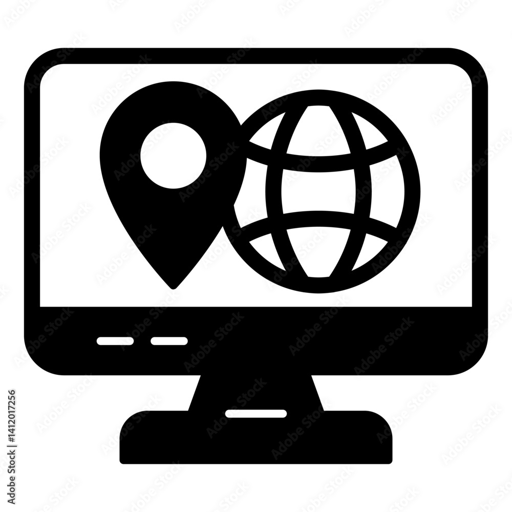 Aufkleber monitor screen with globe and location pin solid icon, world delivery concept. vector graphics. disp