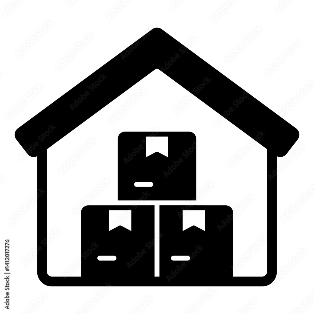 Poster warehouse with boxes solid icon, delivery concept. vector graphics. storage building and product box