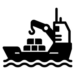 Cargo containers on vessel solid icon, shipping concept. Vector graphics. Delivery ship with crane sign on white background, glyph style mobile or design.