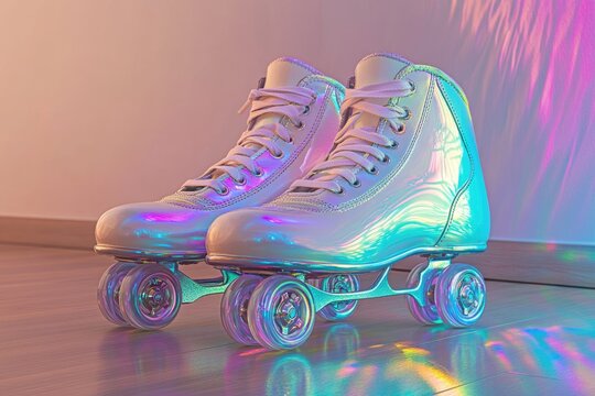 Pair of iridescent roller skates with pastel laces, reflecting light on a wooden floor.