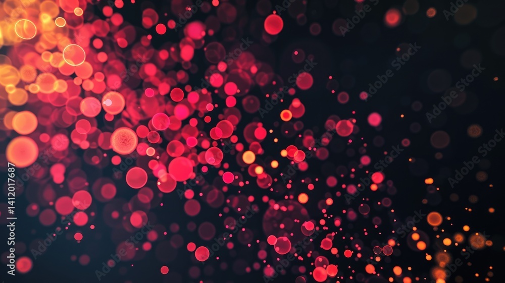 Poster abstract digital visualization with orange and red particles on a dark background. digital artwork o