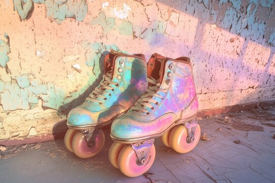 Rainbow roller skates rest against a peeling, pastel-colored wall, bathed in sunlight.