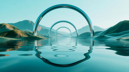 Obraz premium 3D Surreal Landscape with Metal Arches and Reflections -Abstract Minimal Panoramic Background
