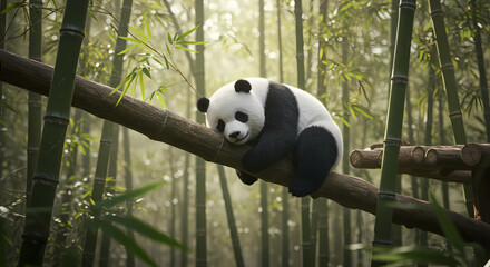 Obraz premium Sleepy Panda Resting on Bamboo Branch in a Lush Forest