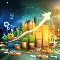The image should depict a rising graph with an upward arrow, surrounded by symbols of success such as gears, lightbulbs, and stacks of money.