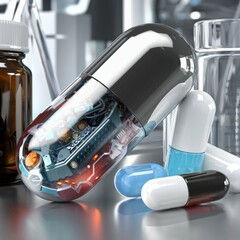 The pill, as a means of delivering nanorobots to the human body, lies next to other simple pills with medicines. The pill shows mechanisms and electronics