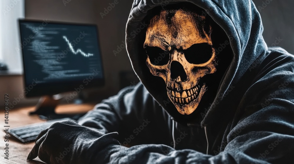 Poster hooded figure wearing a skull mask sits at a computer with code visible on the screen.