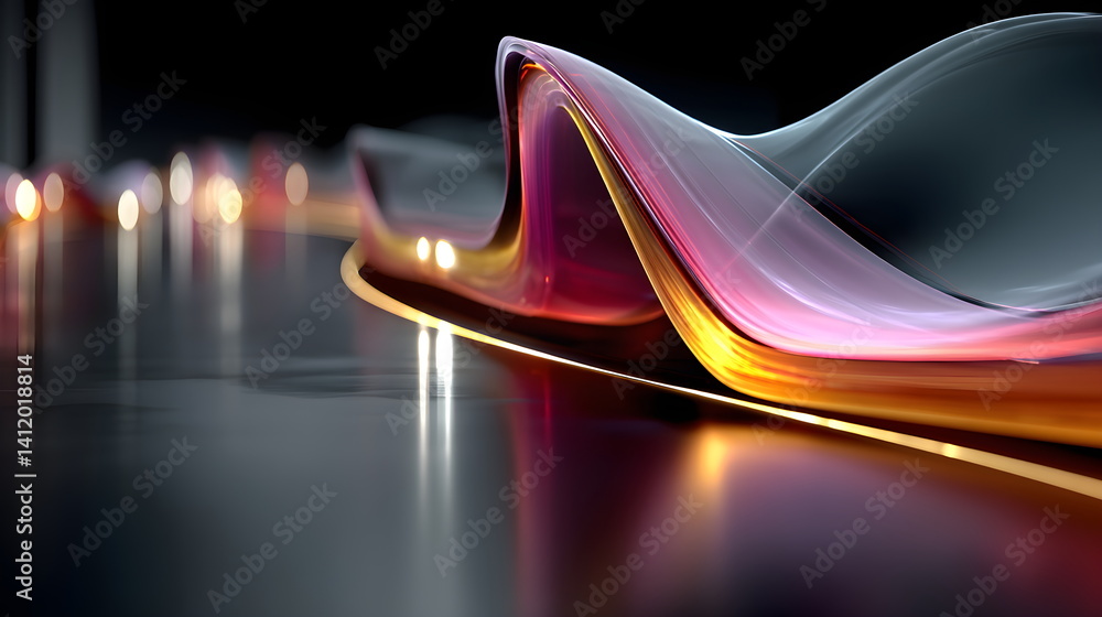 Poster abstract flowing ribbon on reflective surface for creative design. modern dynamic wave effect with c