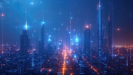 Futuristic city skyline with glowing blue lights at night. Urban and technology concept for design and print. Digital artwork of skyscraper or building with glowing blue color. Architect. AIG53.