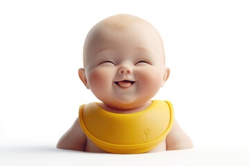 A happy, chubby baby with a joyful expression wears a yellow bib.