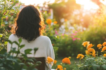 Naklejka premium Peaceful contemplation in a vibrant garden at sunset.
