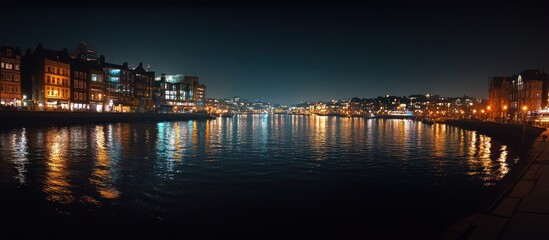 Night cityscape, river reflection, city lights, waterfront panorama