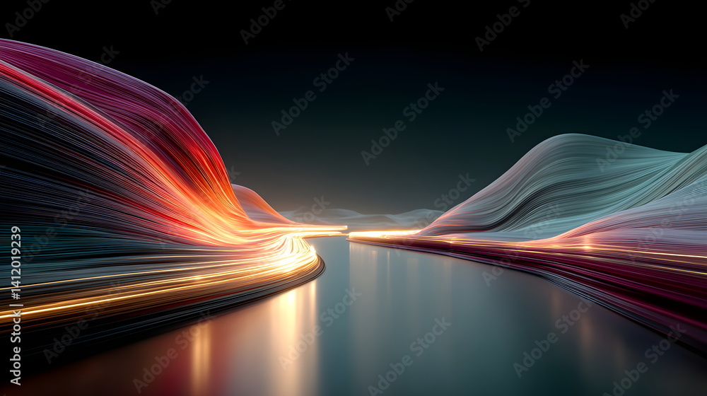 Poster abstract landscape visualization with illuminated lines. modern art wallpaper with dynamic colorful 