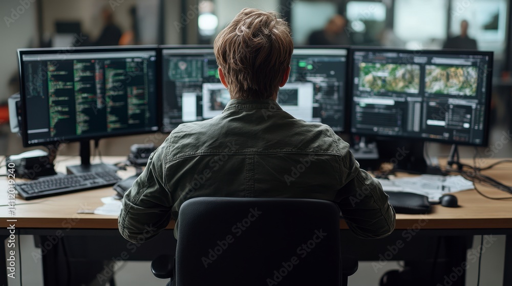Poster man sits at desk, back to camera, focused on three monitors displaying complex data. neutral color s