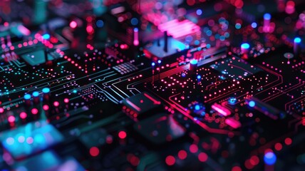 Obraz premium Explore a striking abstract technology background featuring vibrant colors and intricate circuit patterns, perfect for digital media and creative projects.
