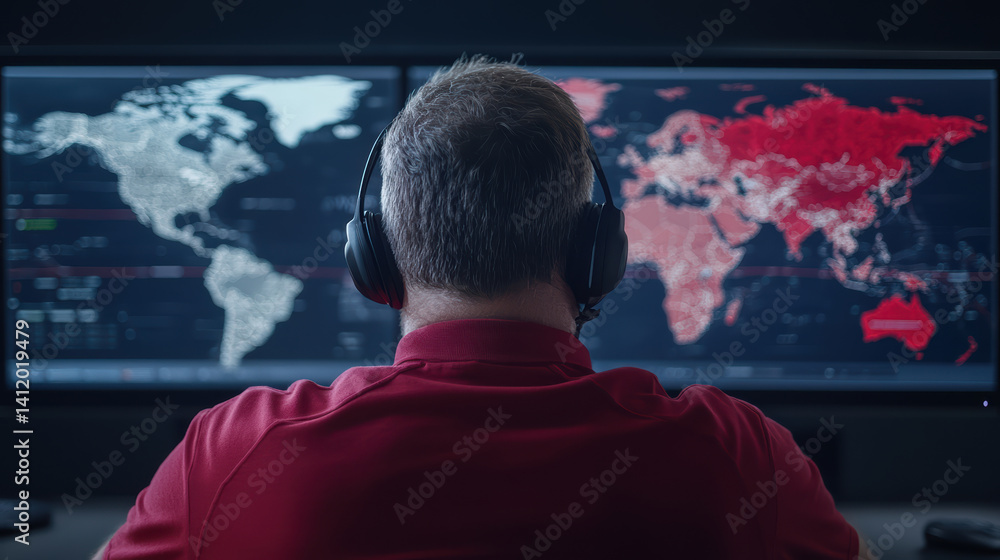 Poster focused individual monitors global data dual screens, showcasing world map with highlighted