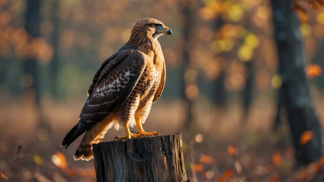 Common buzzard in the autumn woods - Birds of prey. Wildlife environment. Predator.