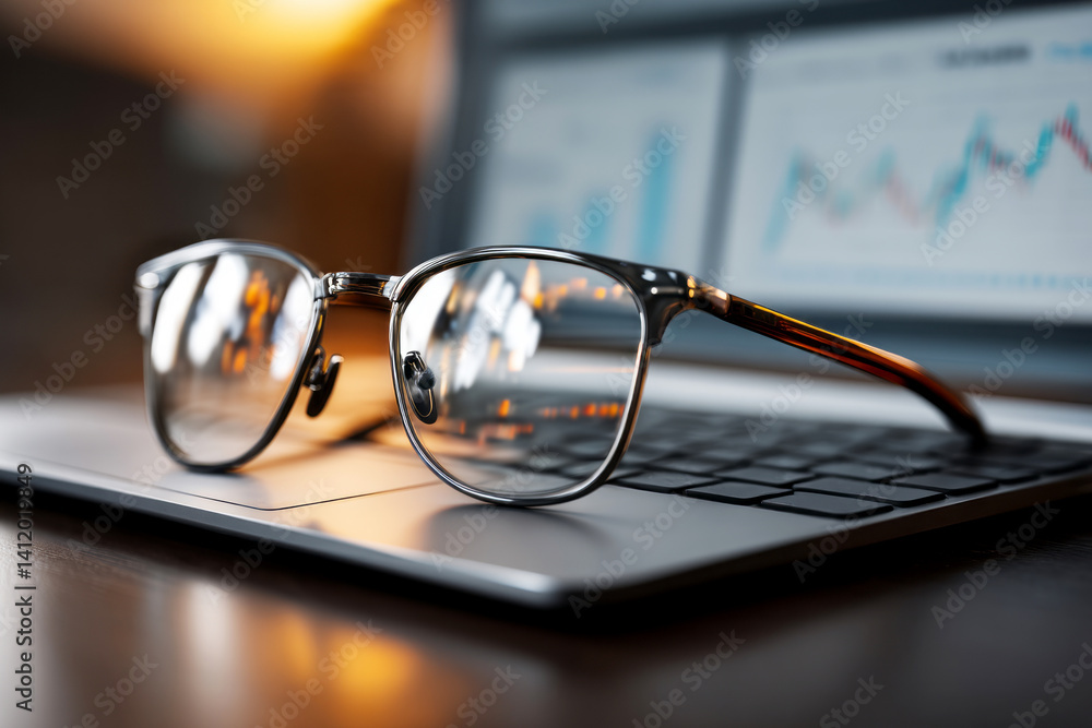 Poster close-up of glasses on laptop keyboard in business environment with data charts in background